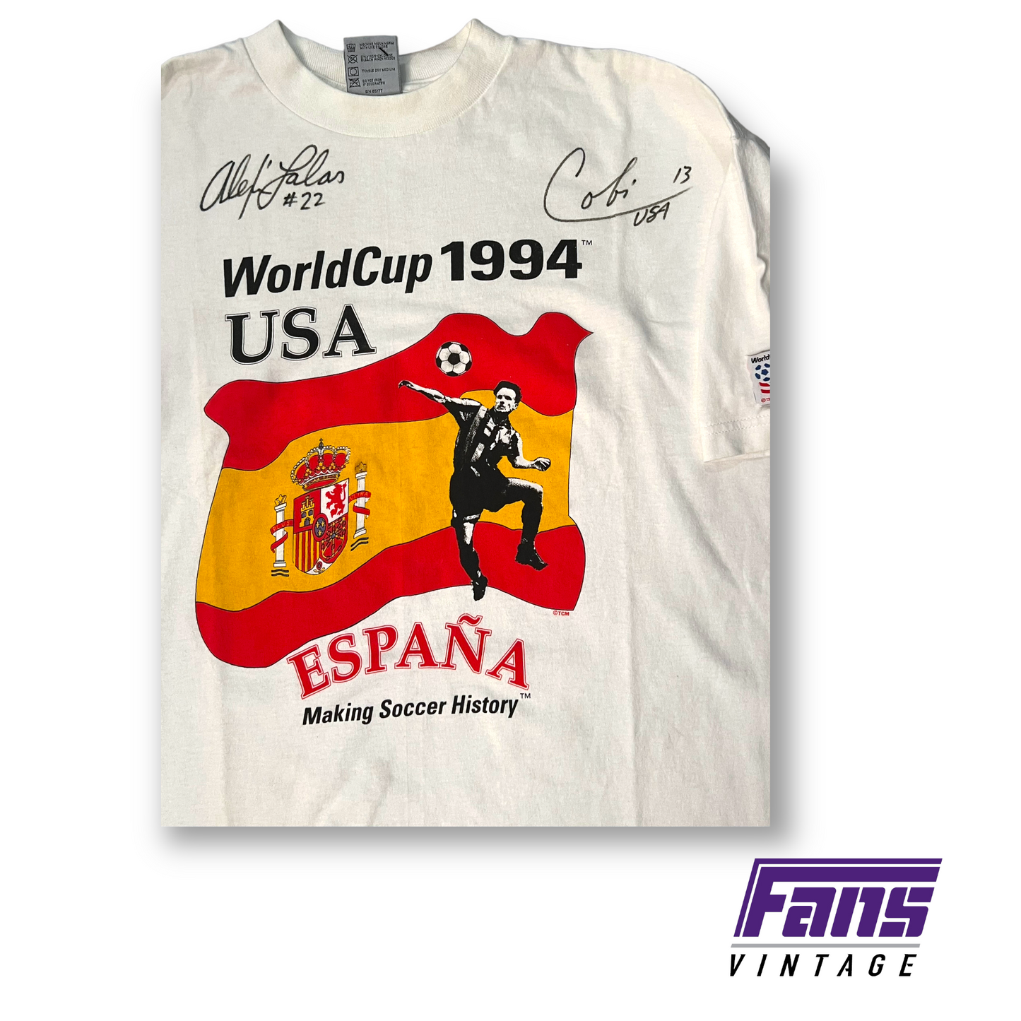 Autographed US Soccer Personalities/Players Alexi Falas & Cobi Jones Vintage World Cup Tee