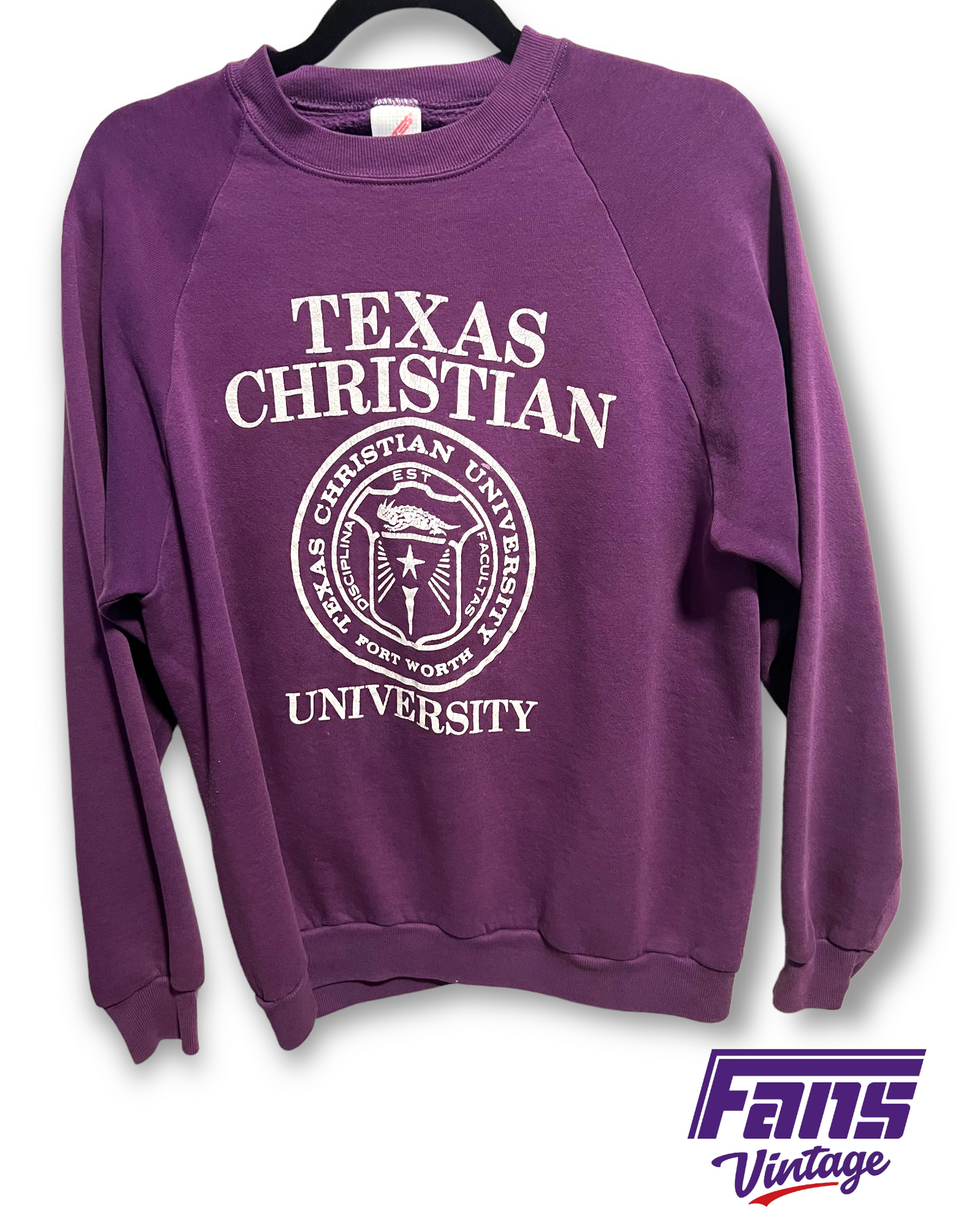 Gorgeous! 1980s Vintage TCU Crewneck with Raglan Sleeves and School Seal Logo