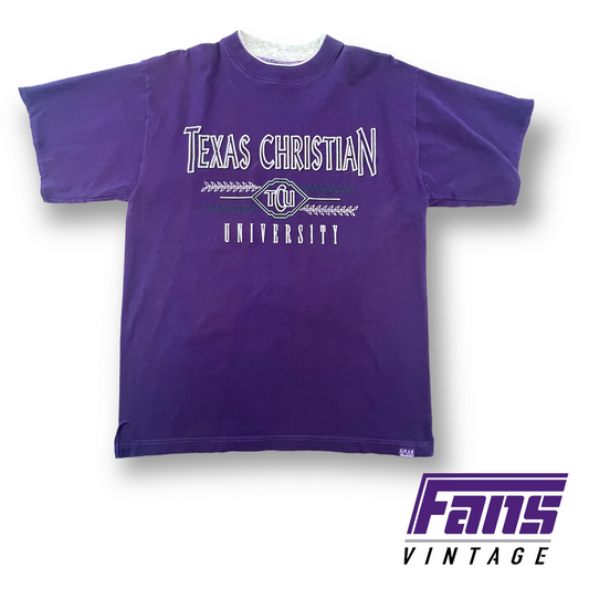 Rad! 90s Vintage TCU Shirt with Double Collar/Cuff and Raised Screenprint!