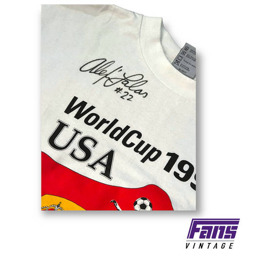 Autographed US Soccer Personalities/Players Alexi Falas & Cobi Jones Vintage World Cup Tee