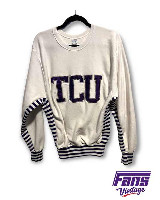 Beautiful 80s Vintage TCU Crewneck with Striped paneling and satin lettering