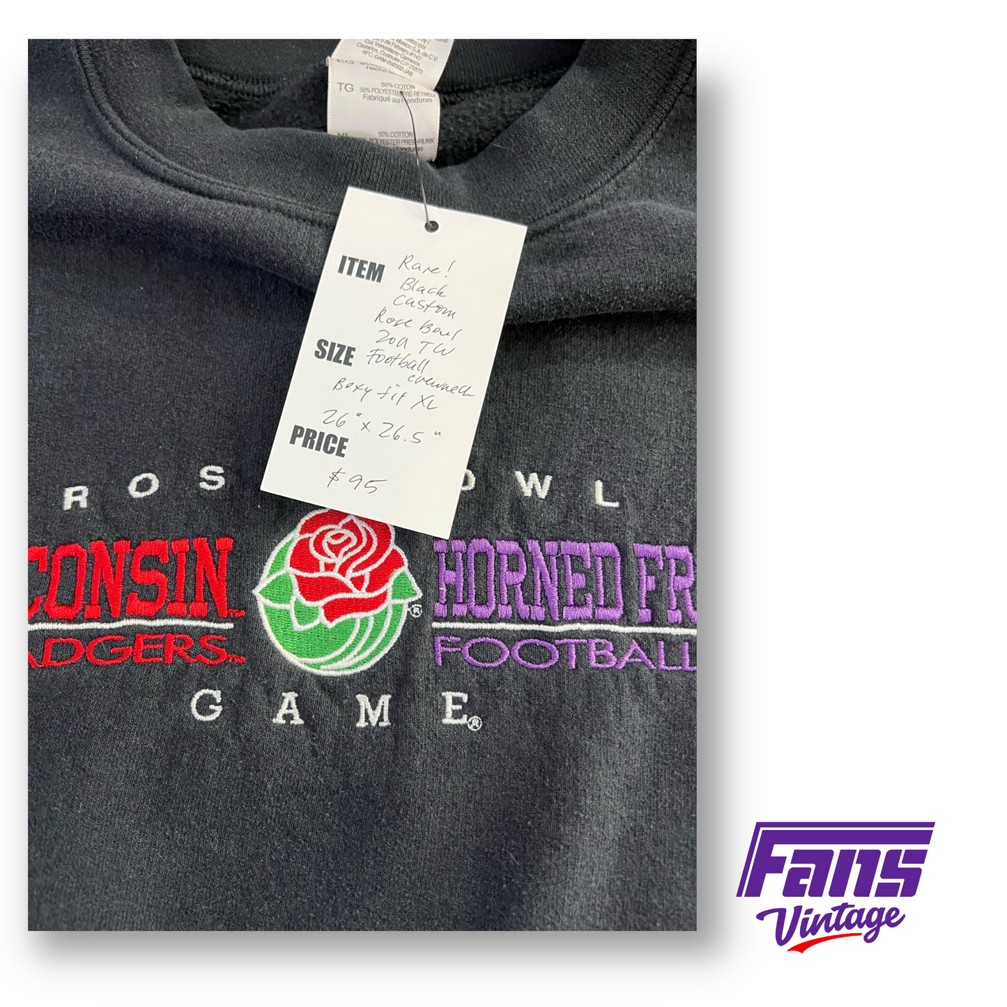 Awesome Vintage TCU Football Rose Bowl Game Crewneck - Black with Embroidered Logo!