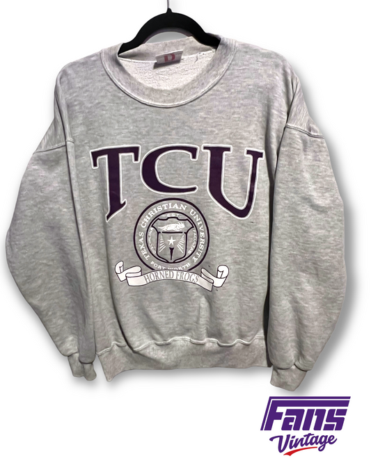 90s Vintage TCU Crewneck - Heather Gray with Purple & White School Seal Logo