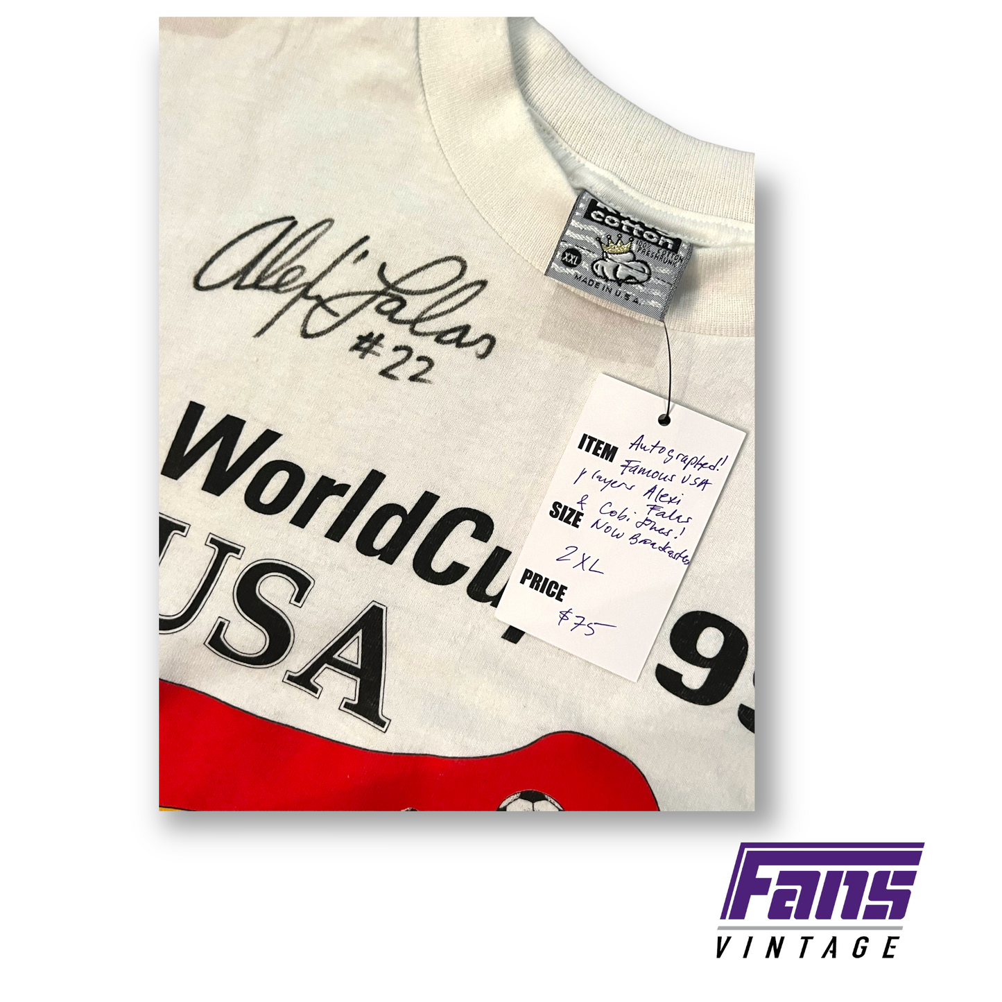 Autographed US Soccer Personalities/Players Alexi Falas & Cobi Jones Vintage World Cup Tee