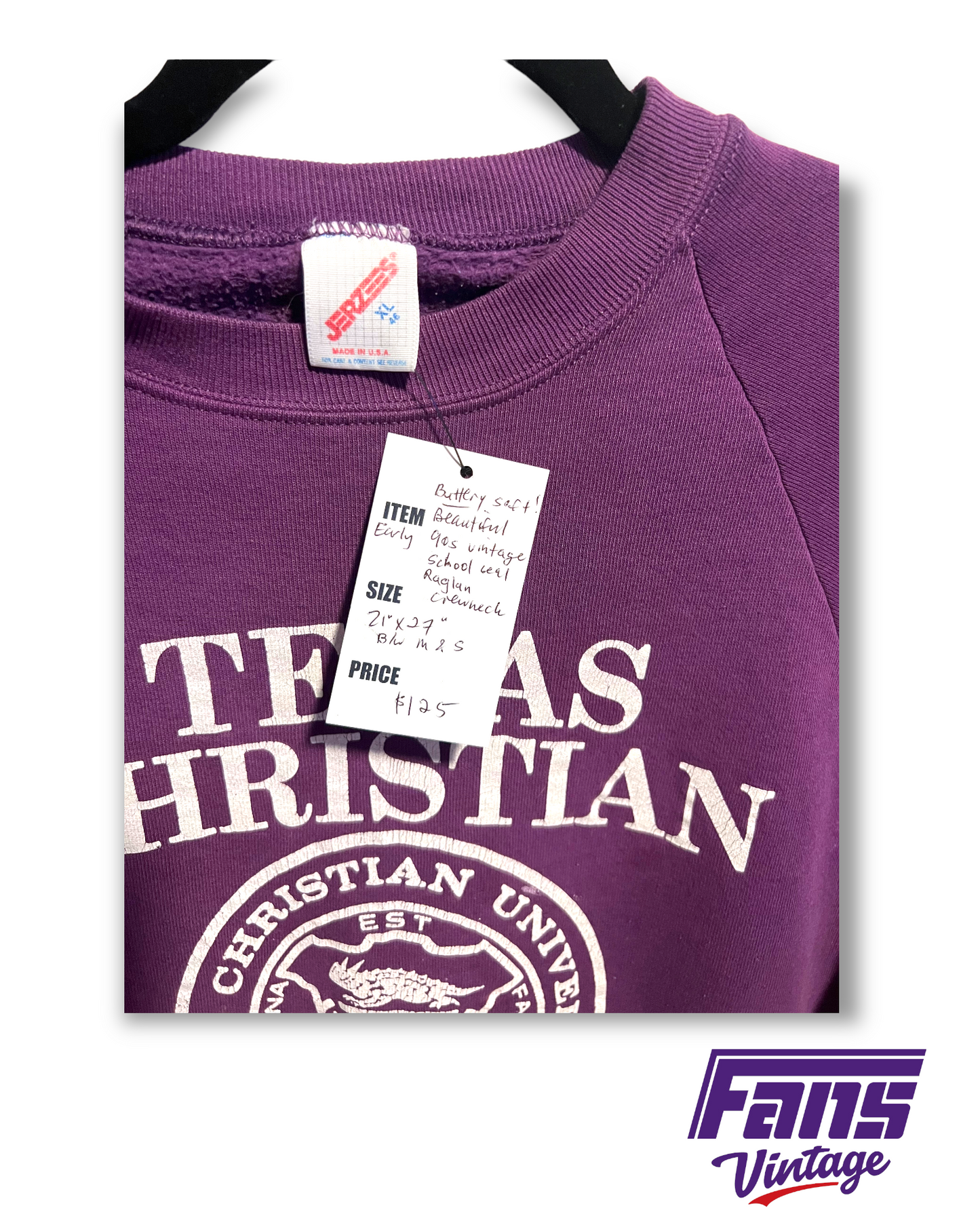 Gorgeous! 1980s Vintage TCU Crewneck with Raglan Sleeves and School Seal Logo