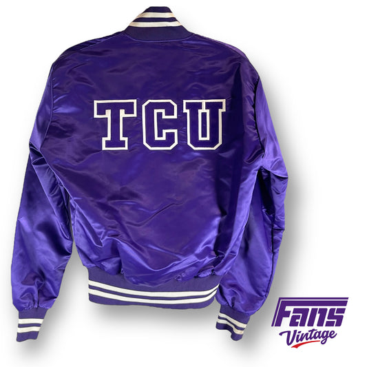 Incredible 80s Vintage Satin TCU Bomber Jacket - new with original tags!